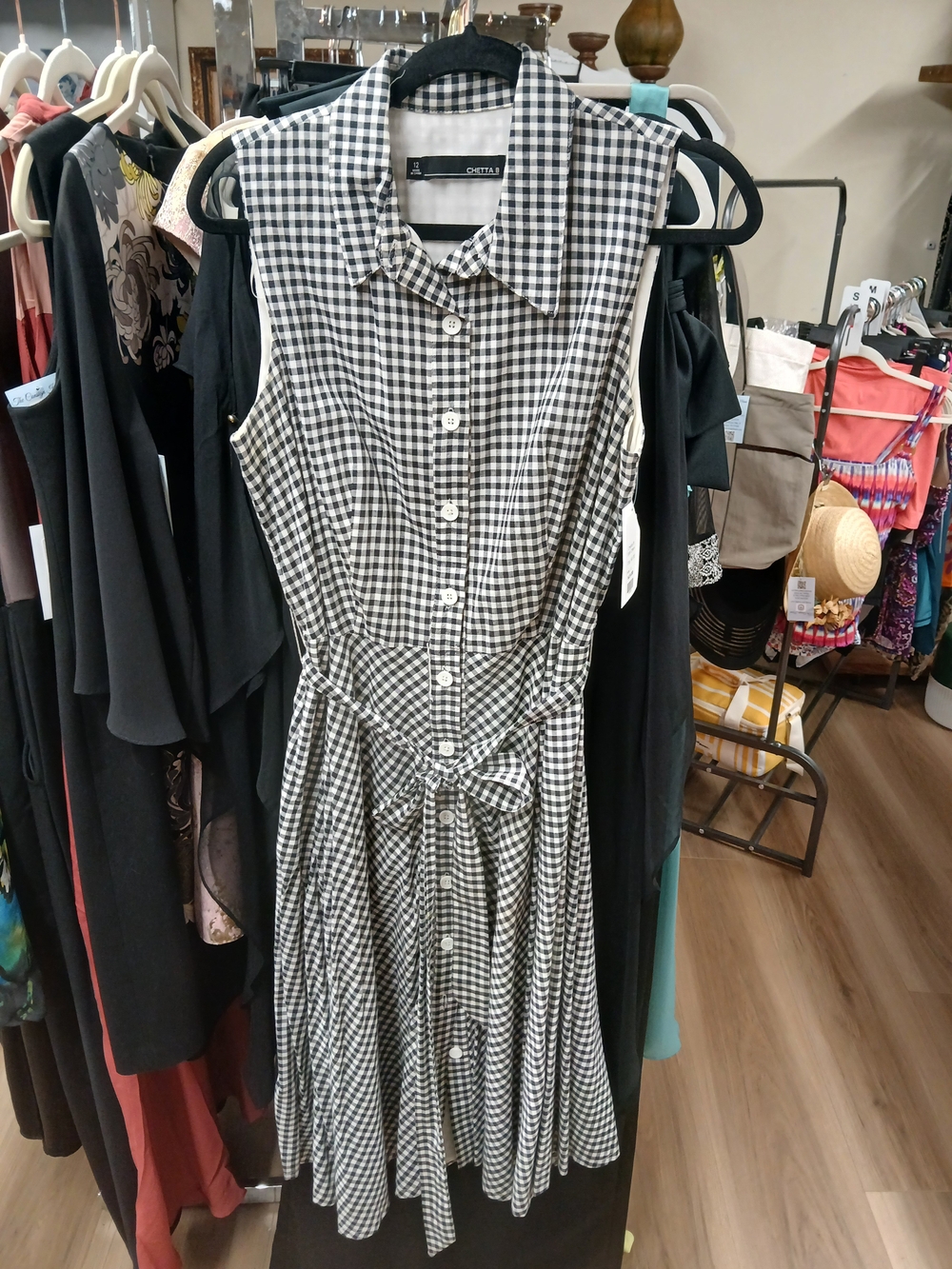 Chetta B Black and White Gingham Midi Shirt Dress